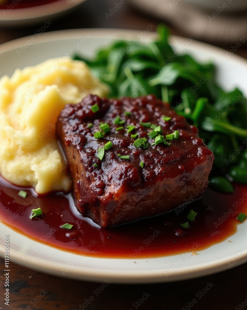 Succulent, saucy meatloaf garnished with herbs, served with creamy mashed potatoes and fresh sautéed greens on a white plate Succulent, saucy meatloaf garnished with herbs, served with creamy mashed potatoes and fresh sautéed greens on a white plate
