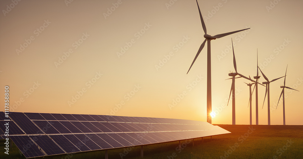 Front view of solar panels with wind turbines in the distance. Sun positioned on the right side above a pathway. Perfect for renewable energy, sustainability, and eco-friendly project concepts. Front view of solar panels with wind turbines in the distance. Sun positioned on the right side above a pathway. Perfect for renewable energy, sustainability, and eco-friendly project concepts.