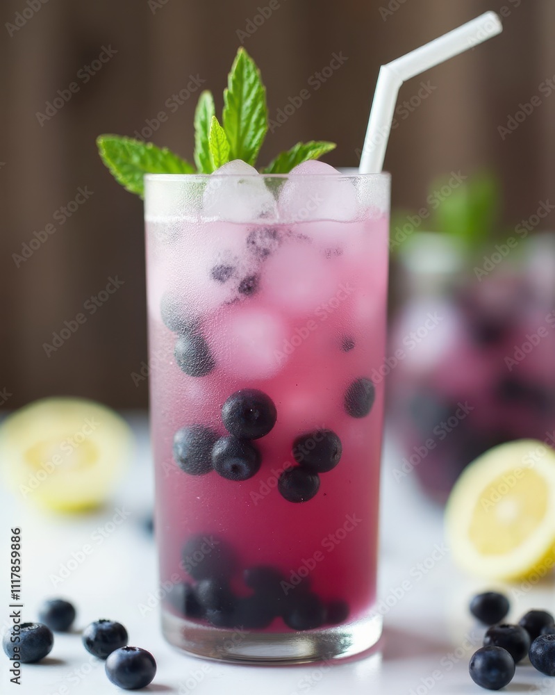 A refreshing blueberry lemonade with ice cubes, garnished with mint leaves, served in a frosty glass, alongside fresh blueberries and lemon slices A refreshing blueberry lemonade with ice cubes, garnished with mint leaves, served in a frosty glass, alongside fresh blueberries and lemon slices