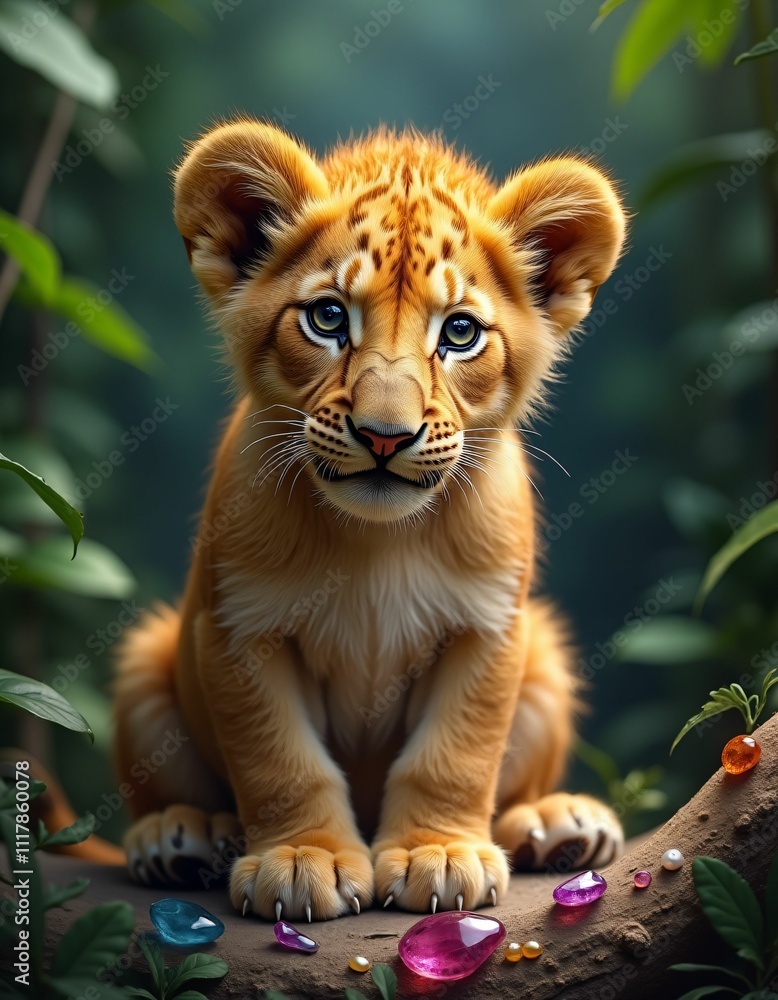 Fototapeta premium a real genuine lion cub in the middle of the rainforest and surrounded by gold, ruby, silver, agate, small stones, red, blue, purple, yellow, white, green colors, realistic, vivid
