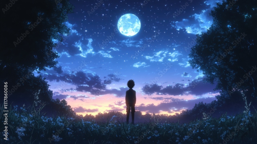 Boy silhouetted against a vibrant sunset and full moon. Boy silhouetted against a vibrant sunset and full moon.
