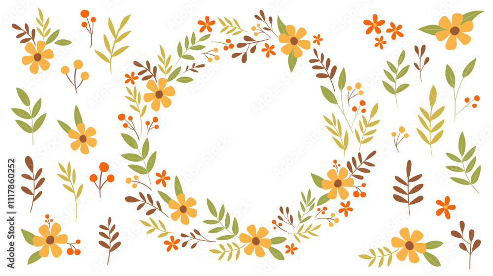 Cute hand-drawn floral wreath and isolated floral items, perfect for decorating gift cards, prints and crafting projects. A total of 24 isolated items. Vector illustration. Cute hand-drawn floral wreath and isolated floral items, perfect for decorating gift cards, prints and crafting projects. A total of 24 isolated items. Vector illustration.