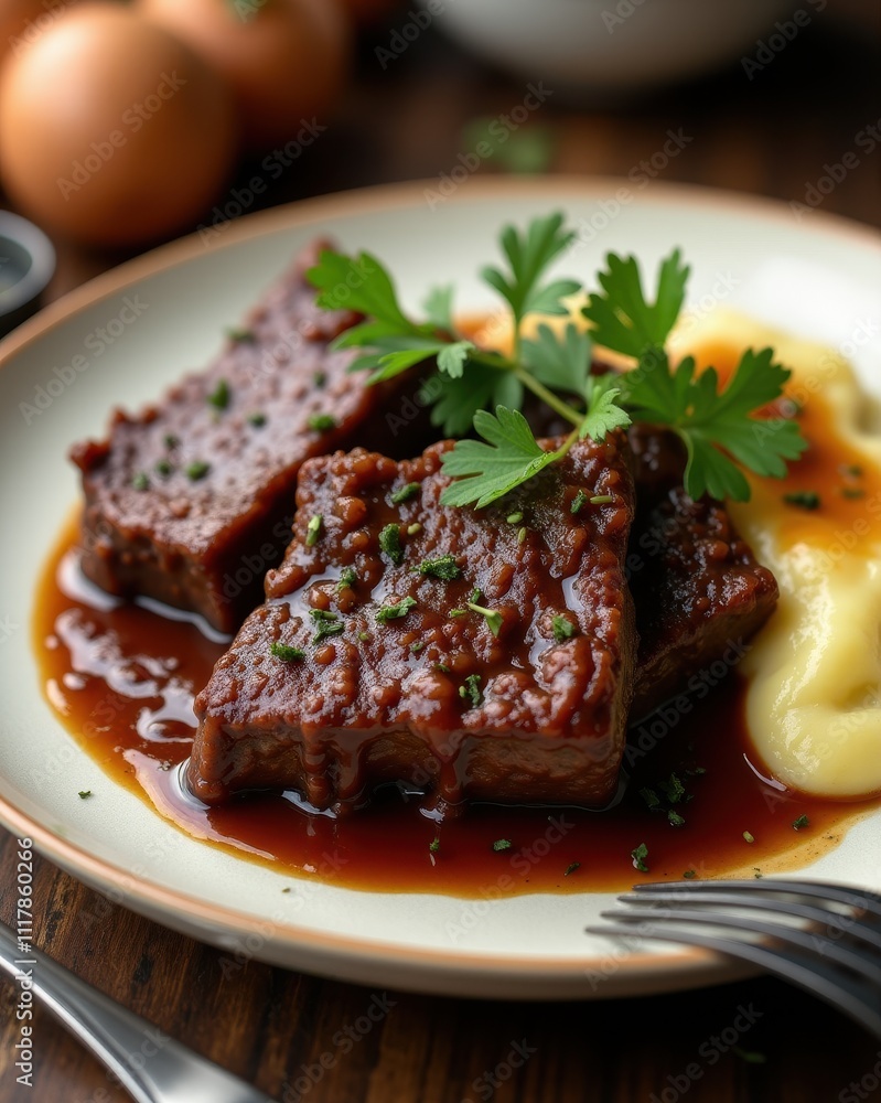 Juicy slices of meatloaf with rich brown gravy and creamy mashed potatoes garnished with fresh parsley on a stylish plate Juicy slices of meatloaf with rich brown gravy and creamy mashed potatoes garnished with fresh parsley on a stylish plate