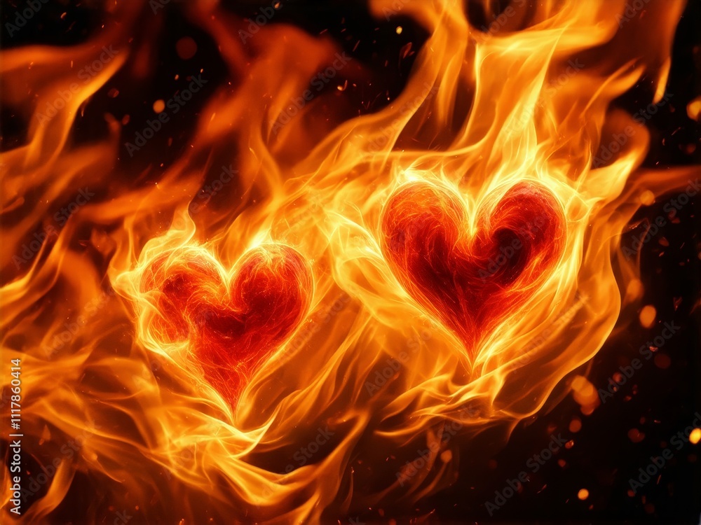 Flames entwined in a passionate display of love with two glowing hearts at the center Flames entwined in a passionate display of love with two glowing hearts at the center