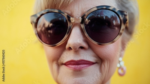 A woman wearing sunglasses on her face against a bright yellow background