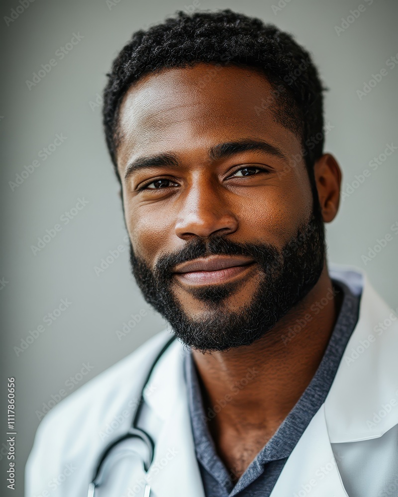 Obraz premium Portrait of a Confident Smiling Black Male Doctor in a White Coat, Healthcare Professional, Medical Specialist