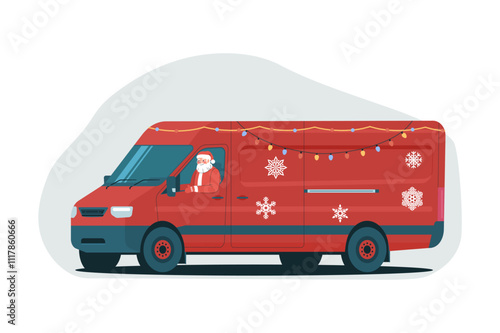 Santa Claus driving a decorated van isolated. Vector illustration.