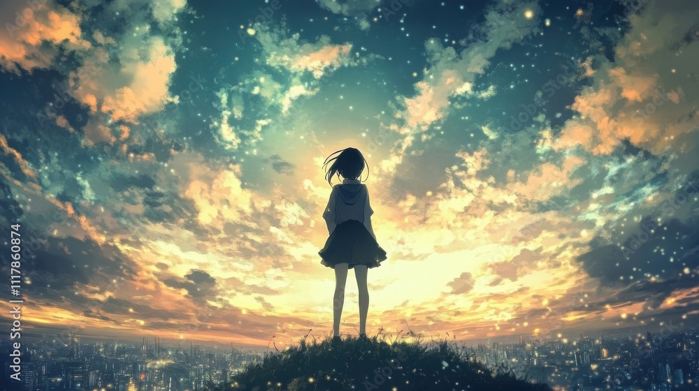 Girl silhouetted against a vibrant sunset over a city. (1) Girl silhouetted against a vibrant sunset over a city. (1)
