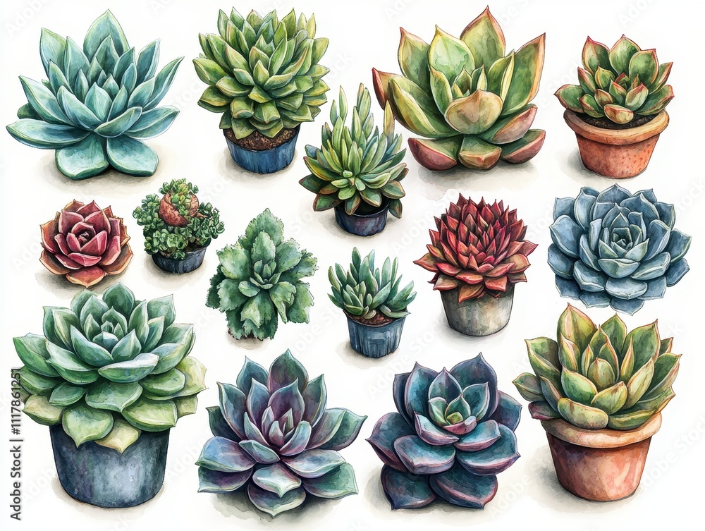 Fototapeta premium Watercolor Painting of Succulents Collection of 15 Detailed Echeveria and Sempervivum Plants in Pots - Botanical Illustration for Home Decor, Garden Design, and Print