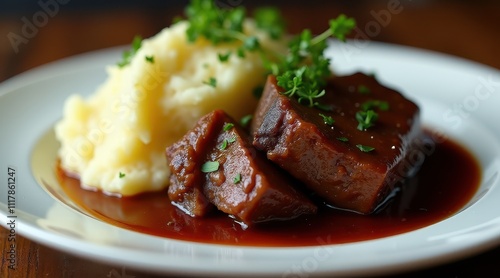 Tender beef brisket with rich gravy and fluffy mashed potatoes, garnished with fresh herbs, served on a white plate for a comforting and delicious meal