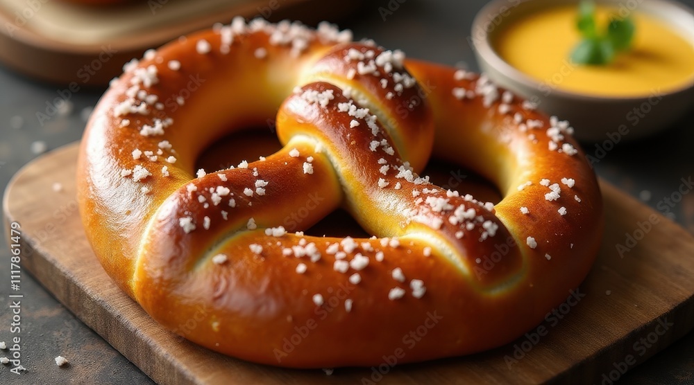 Golden-brown pretzel with coarse salt crystals on a wooden board, accompanied by a creamy cheese dip in a bowl in the background Golden-brown pretzel with coarse salt crystals on a wooden board, accompanied by a creamy cheese dip in a bowl in the background