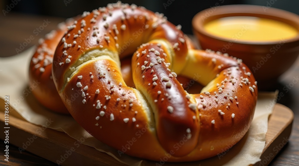 Golden-brown salted pretzel on a wooden board with a small bowl of cheese sauce in the background, creating a savory snack scene Golden-brown salted pretzel on a wooden board with a small bowl of cheese sauce in the background, creating a savory snack scene