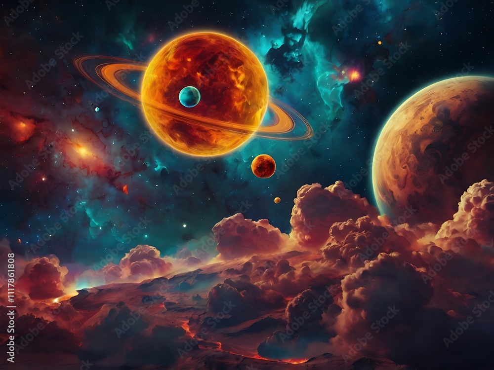 Fiery Planets Orbiting In A Cosmic Nebula Landscape Fiery Planets Orbiting In A Cosmic Nebula Landscape