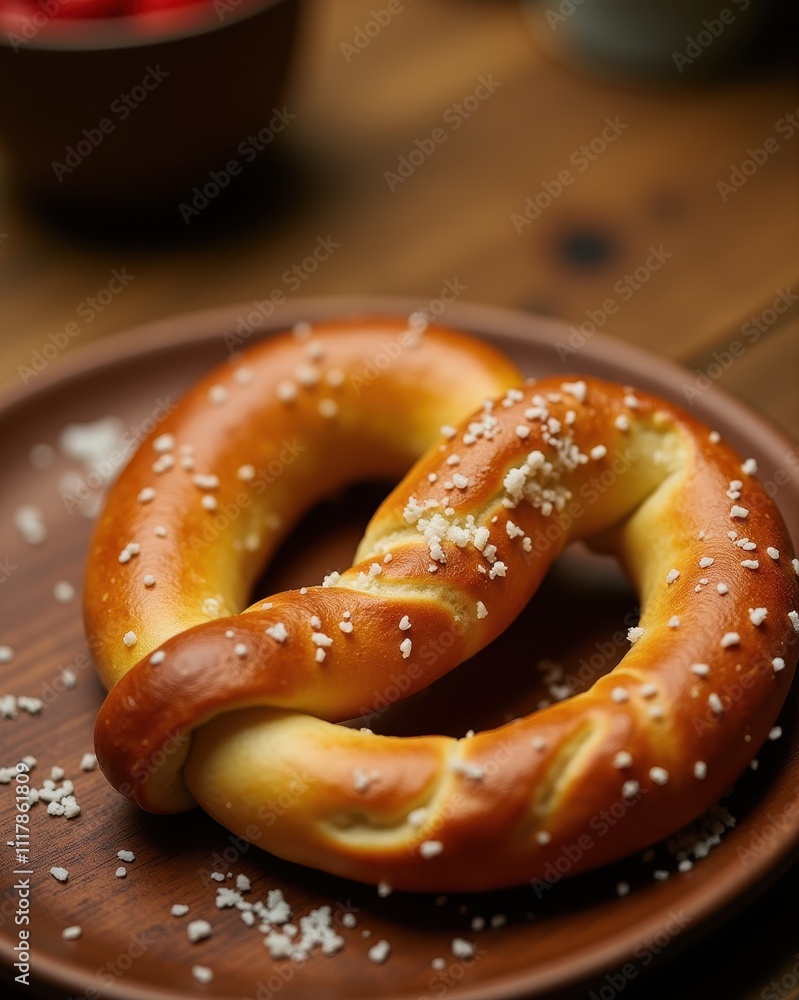 Freshly baked pretzel with coarse salt on a wooden plate, perfect for showcasing artisanal baking or traditional snacks Freshly baked pretzel with coarse salt on a wooden plate, perfect for showcasing artisanal baking or traditional snacks