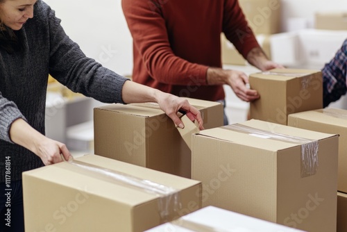 People packing boxes in a warehouse setting