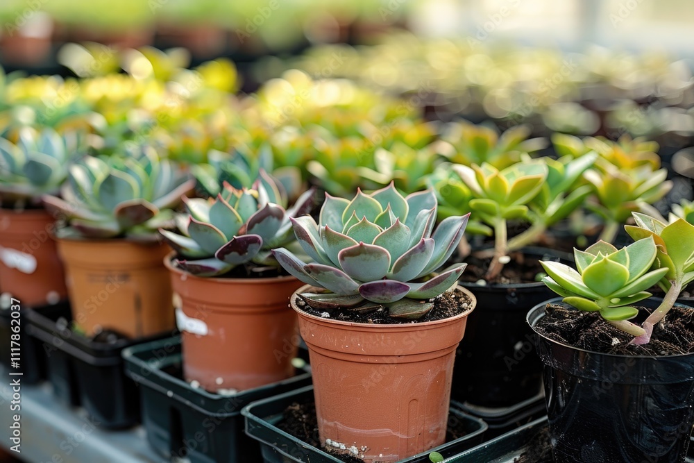 A collection of small pots filled with thriving succulent plants A collection of small pots filled with thriving succulent plants