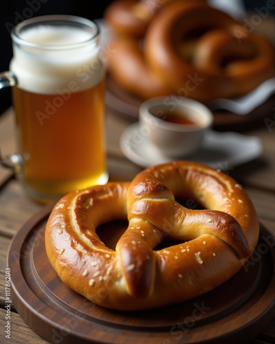 A freshly baked pretzel with a frothy mug of beer and cup of sauce on a wooden table creates a classic Bavarian dining scene