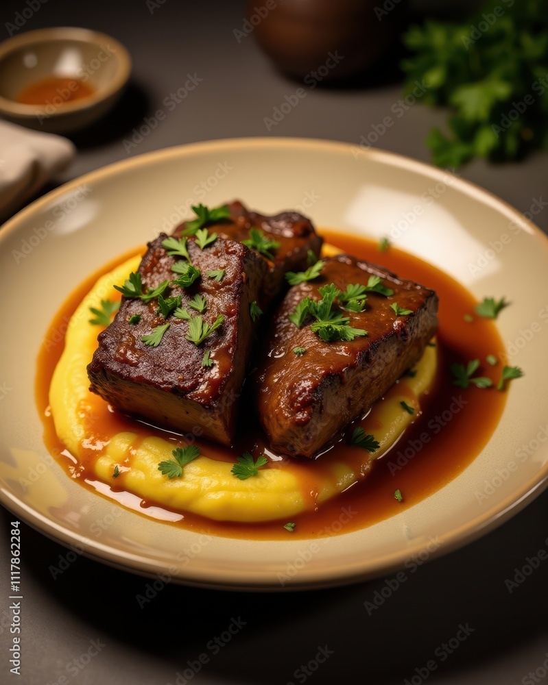 Tender braised short ribs rest on creamy mashed potatoes, garnished with fresh parsley and drizzled with rich sauce, creating an inviting gourmet dish Tender braised short ribs rest on creamy mashed potatoes, garnished with fresh parsley and drizzled with rich sauce, creating an inviting gourmet dish