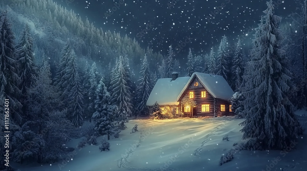 Enchanted Snowy Landscape with Lit Cabin at Night. AI generated illustration Enchanted Snowy Landscape with Lit Cabin at Night. AI generated illustration