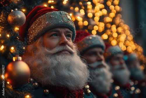 A person's face with a festive Santa hat, suitable for holiday and winter-themed projects photo