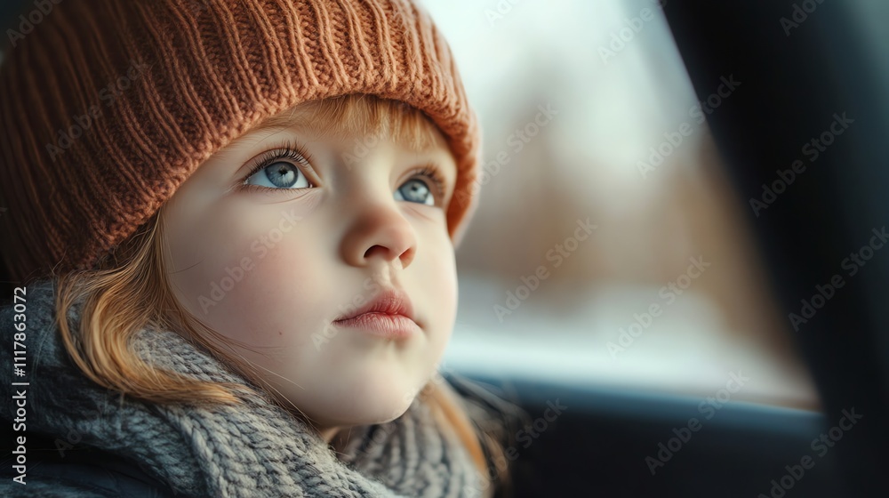 A young girl with blue eyes and blonde hair wearing a knitted hat and scarf looks out of a car window. A young girl with blue eyes and blonde hair wearing a knitted hat and scarf looks out of a car window.