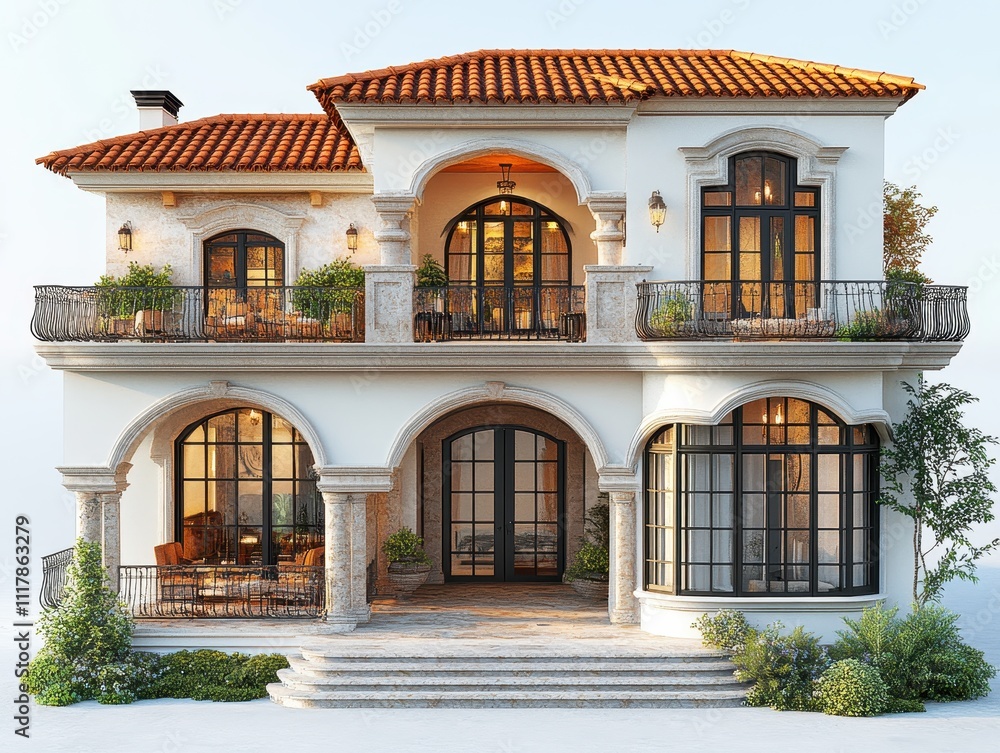 Luxurious Mediterranean-Style Villa with Terracotta Roof, Balconies, and Stone Accents - 3D Architectural Rendering Luxurious Mediterranean-Style Villa with Terracotta Roof, Balconies, and Stone Accents - 3D Architectural Rendering