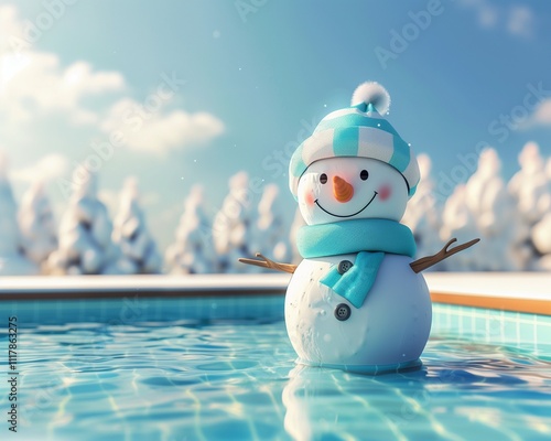 Cute positive snowman with a blue scarf and hat sitting at swimming pool, sunny day outside.