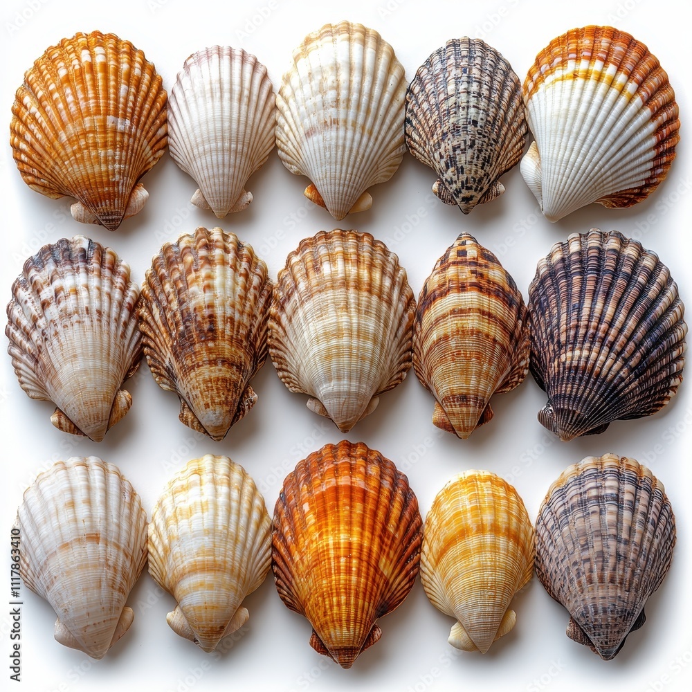 Stunning Collection of Fifteen Varied Scallop Shells, Seashells, Ocean Shells, Close-Up Studio Shot on White Background. Stunning Collection of Fifteen Varied Scallop Shells, Seashells, Ocean Shells, Close-Up Studio Shot on White Background.