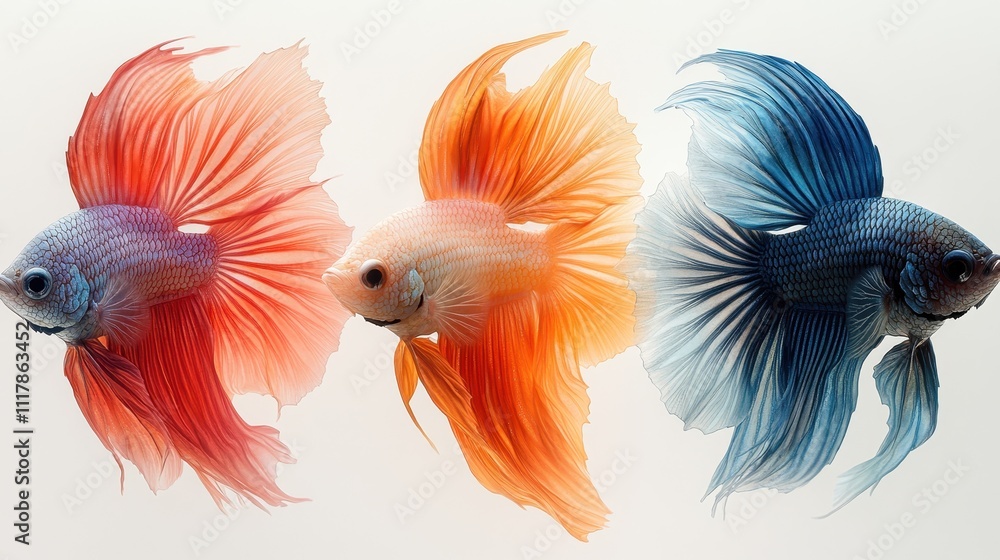 Fototapeta premium Three Vibrant Siamese Fighting Fish (Betta Splendens) in Red, Orange, and Blue Stunning Close-Up Stock Photo