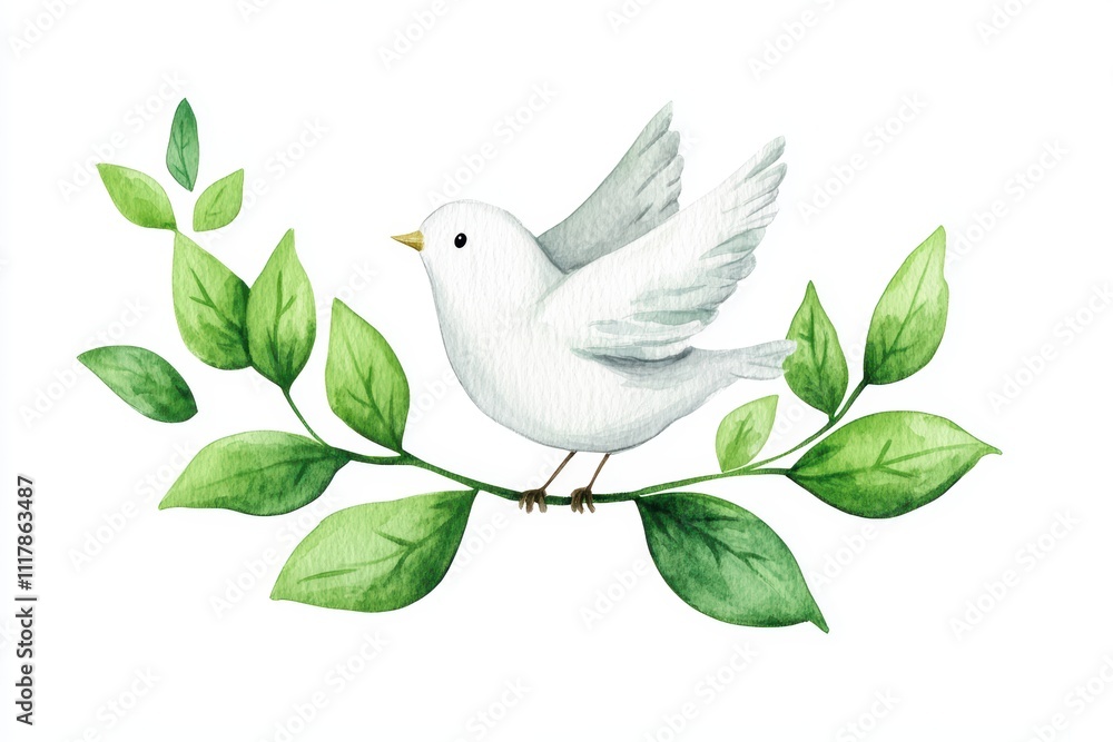 Obraz premium White Bird with Green Leaves Watercolor Illustration for Nature Theme