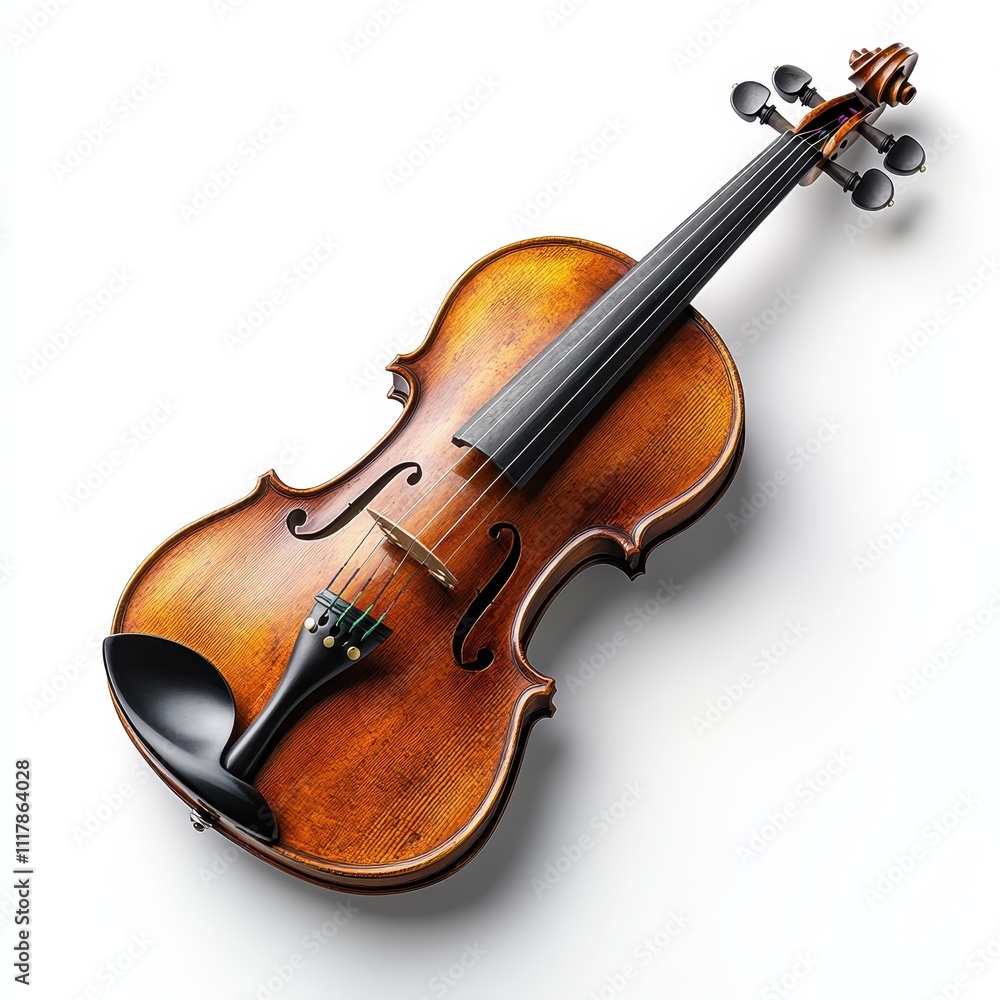 Fototapeta premium High-Angle Close-Up of a Polished Violin Isolated on White Background - Classical Music Instrument Stock Photo