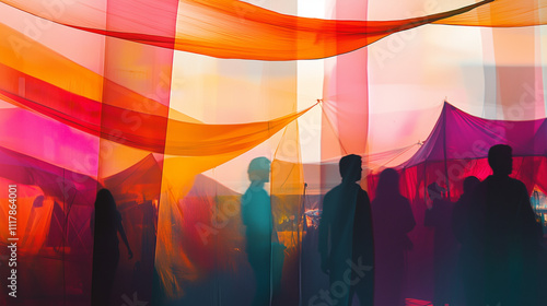 Colorful draped fabric with silhouettes at Camel Festival.