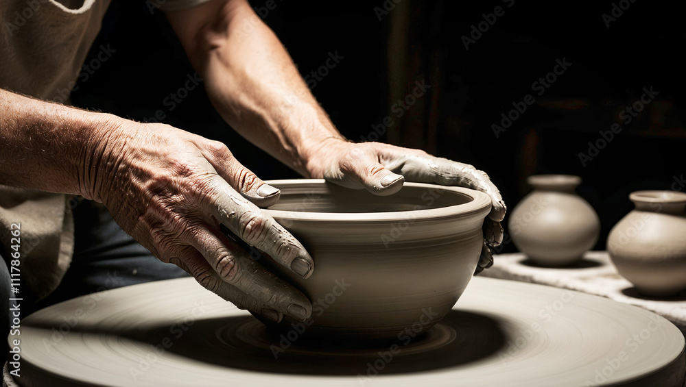 A potter in his workshop crafting a pot A potter in his workshop crafting a pot