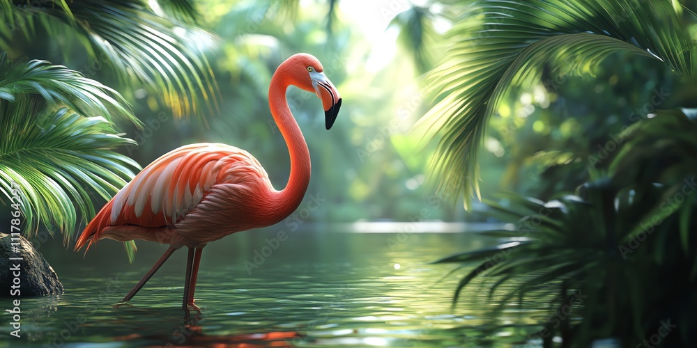 Fototapeta premium A vibrant flamingo stands gracefully in a lush, tropical setting by the water.