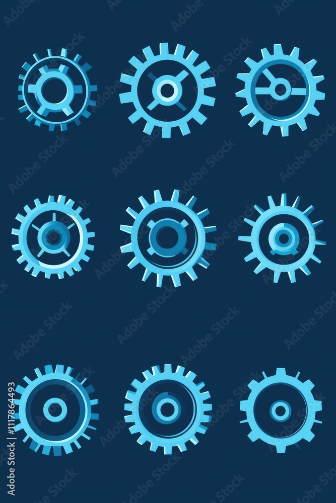 A collection of blue gears on a blue background, suitable for technology or innovation themed designs A collection of blue gears on a blue background, suitable for technology or innovation themed designs