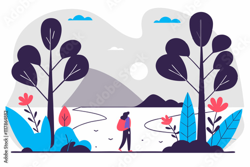 Breathtaking vector nature scene with man walking through dense forest, surrounded by tall trees, flowing river and distant mountains.