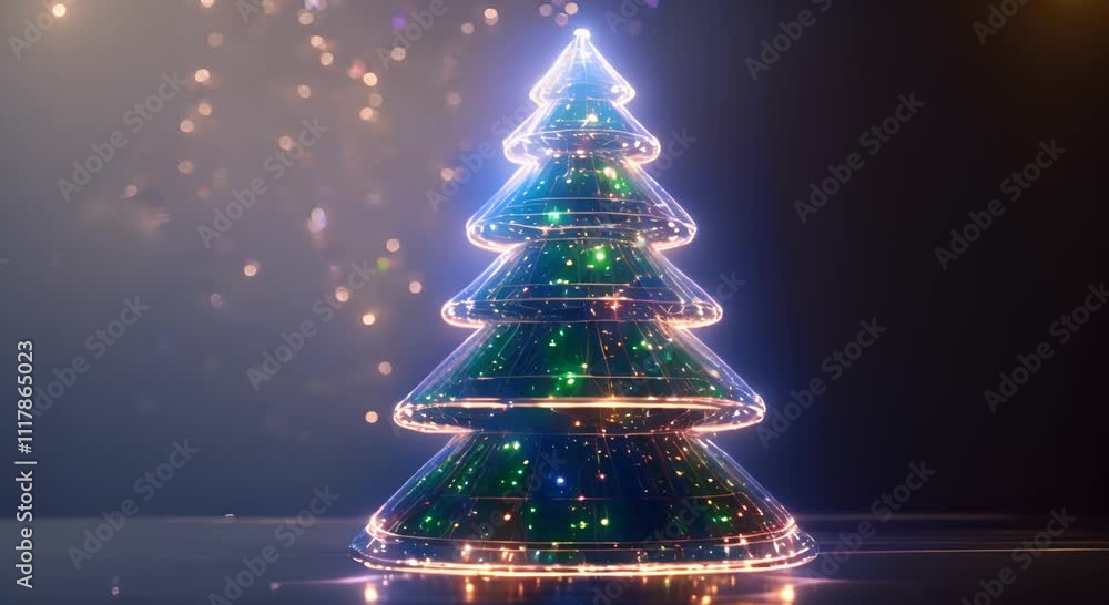 A digital Christmas tree glowing with lights on a circuit board background during the holiday season 4K A digital Christmas tree glowing with lights on a circuit board background during the holiday season 4K