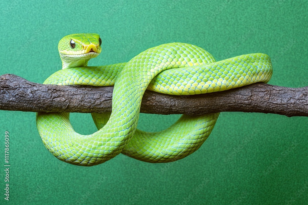 Fototapeta premium Serpentine Beauty: Photorealistic Green Snake Coiled on a Branch