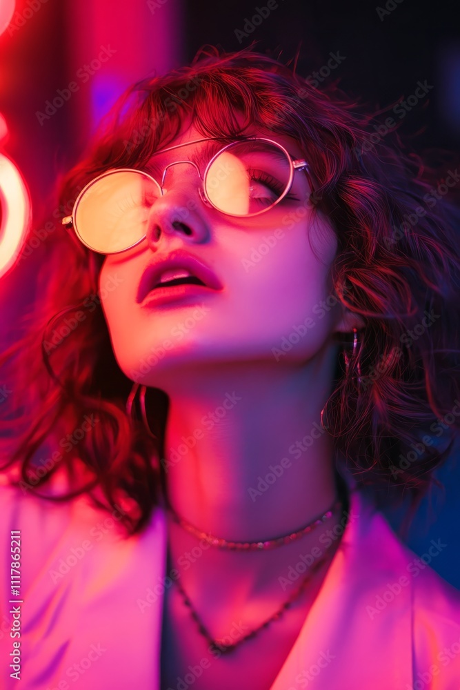 Obraz premium Stylish woman with round sunglasses posing under colorful neon lights, creating a vibrant and fashionable atmosphere, vertical