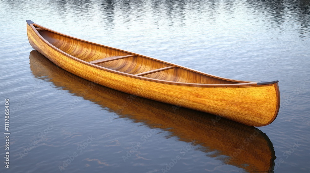 Elegant Wooden Canoe Floating on Calm Serene Water Surface Elegant Wooden Canoe Floating on Calm Serene Water Surface
