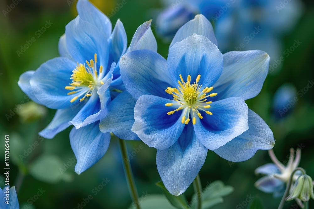A cluster of bright blue flowers with vibrant yellow centers A cluster of bright blue flowers with vibrant yellow centers