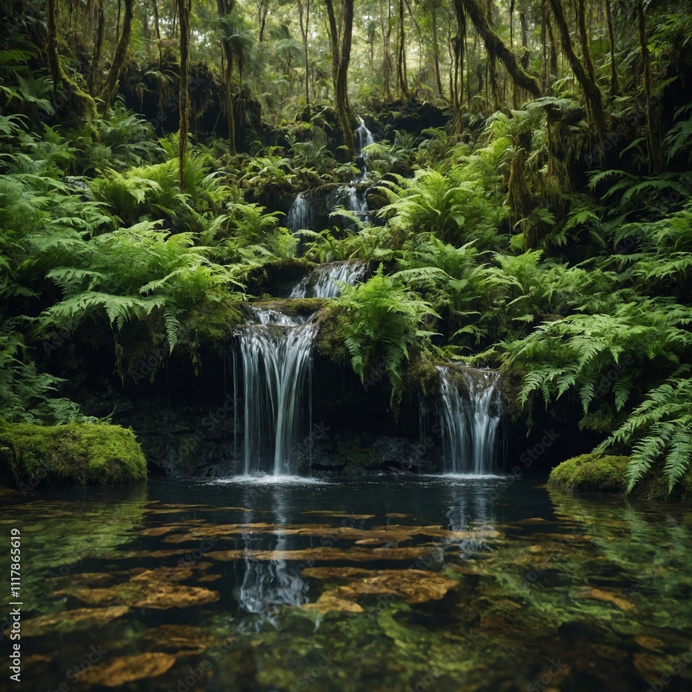 Fototapeta premium A hidden waterfall cascading into a crystal-clear pool, surrounded by lush, vibrant ferns and moss.