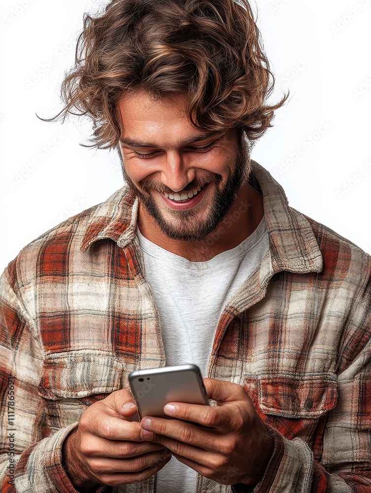 Happy Handsome Man with Curly Hair Using Smartphone, Smiling, Wearing Flannel Shirt - Casual Lifestyle Portrait Happy Handsome Man with Curly Hair Using Smartphone, Smiling, Wearing Flannel Shirt - Casual Lifestyle Portrait