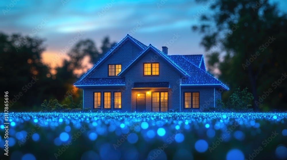 Cozy home surrounded by vibrant blue lighting, ideal for sci-fi or futuristic scenes Cozy home surrounded by vibrant blue lighting, ideal for sci-fi or futuristic scenes