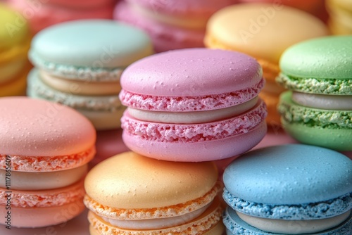 Close-up of Colorful Macarons Pastel-Colored French Macaron Cookies, Delicious Dessert, Sweet Treat Photography