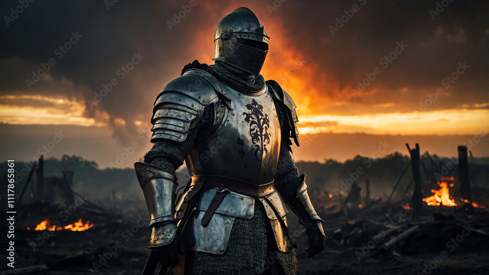 A knight in armor on the battlefield in the evening, after the battle A knight in armor on the battlefield in the evening, after the battle