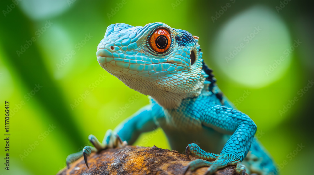 Fototapeta premium striking blue lizard close-up, turquoise lizard on branch