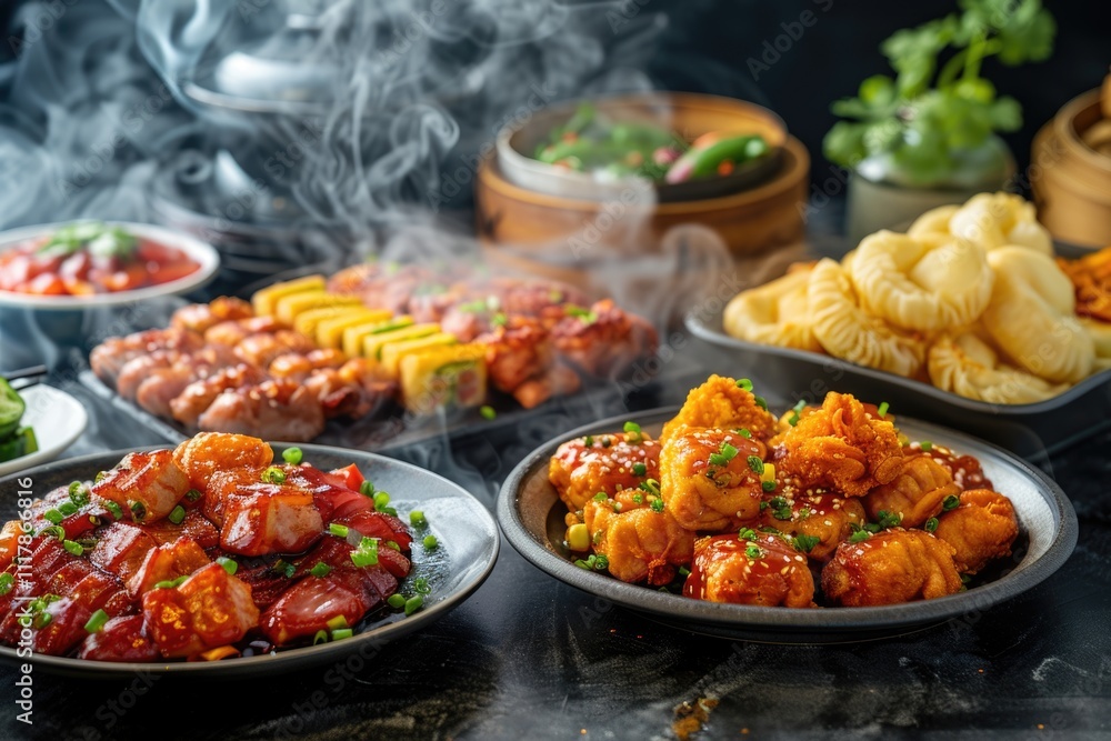 A table with plates of food covered in various sauces, perfect for a dinner party or meal planning A table with plates of food covered in various sauces, perfect for a dinner party or meal planning