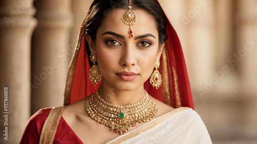 A beautiful young woman wearing a traditional saree