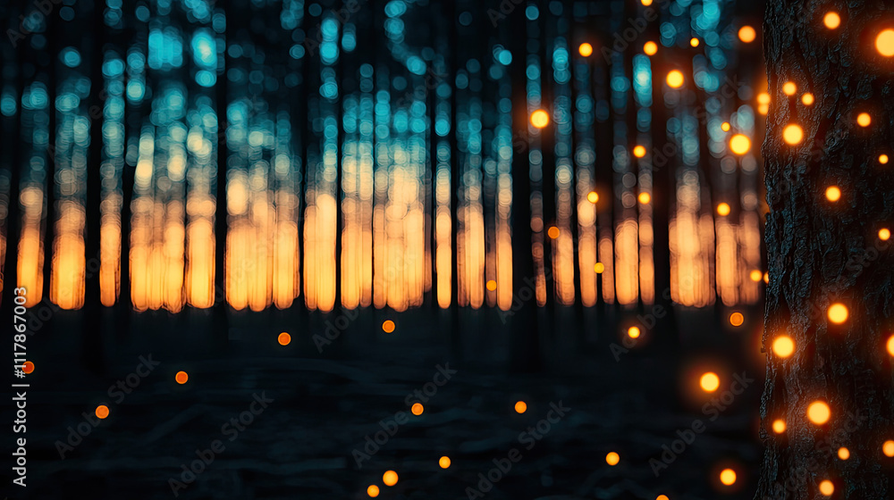 A tranquil forest scene at dusk with glowing lights among the trees. A tranquil forest scene at dusk with glowing lights among the trees.